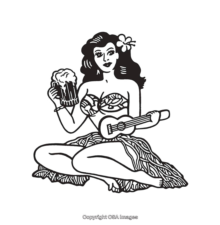 Black and White Line Art of a Hawaiian Woman With Ukulele and Drink