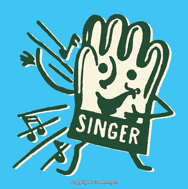 Colorful Hand-Drawn Illustration of Singing Hand with Notes on Blue Background