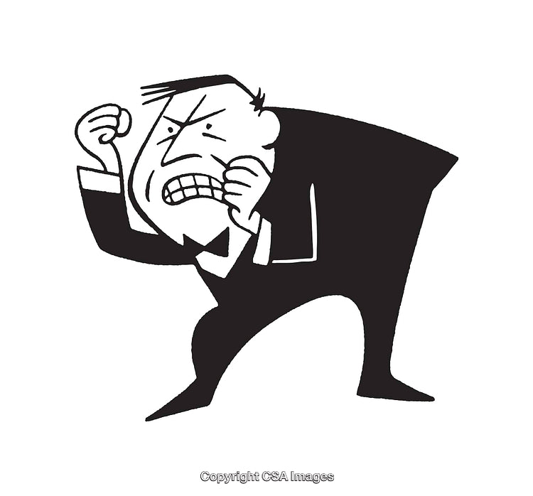 Black and White Cartoon of an Angry Man Clenching Fists
