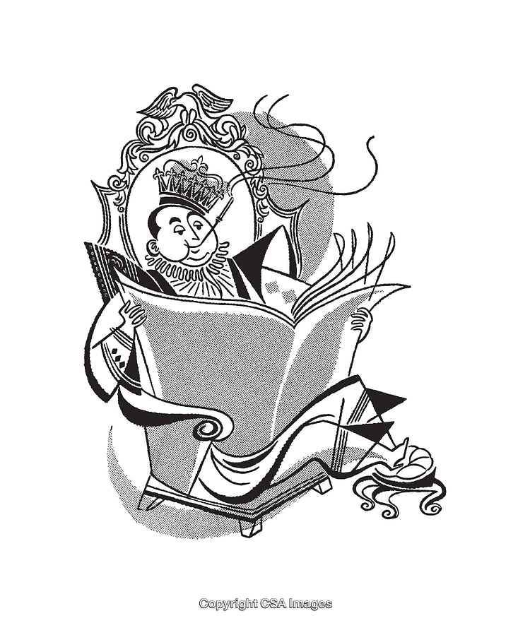Black and White Line Art of a King Reading a Book in Chair