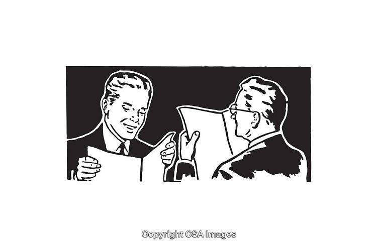 Black And White Illustration of Two Professionals Reviewing Documents