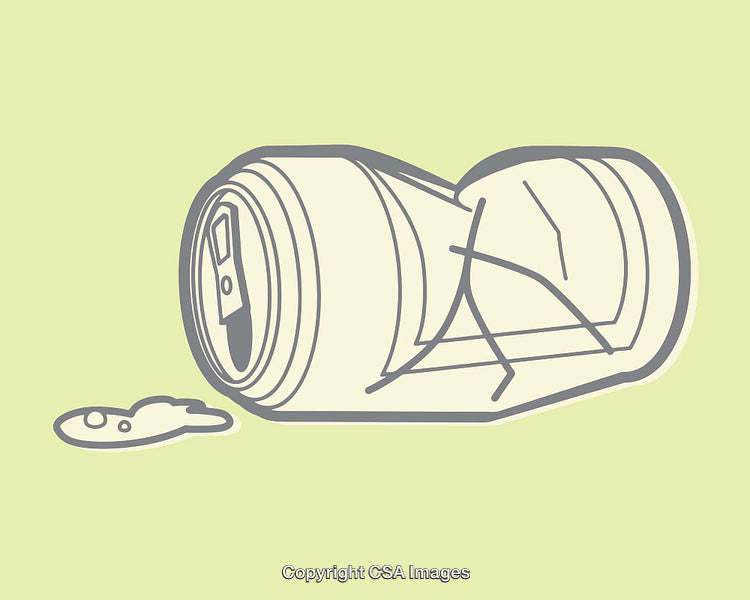Minimalist Line Art of a Crushed Drink Can with Fluid Spill