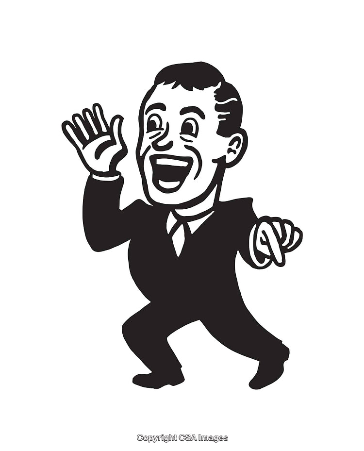 Retro Styled Energetic Businessman Line Art Illustration in Black and White