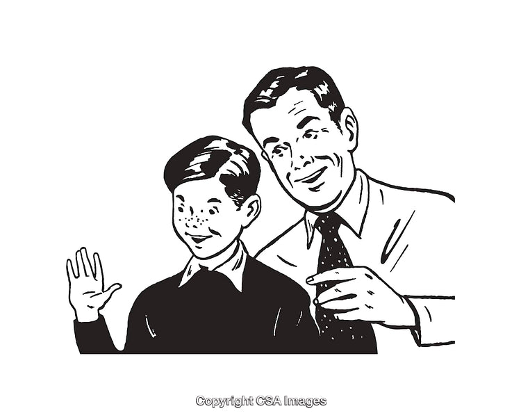Vintage Black and White Illustration of a Smiling Father And Son