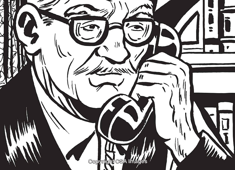 Illustrated Man Talking on Telephone in Vintage Black and White Style