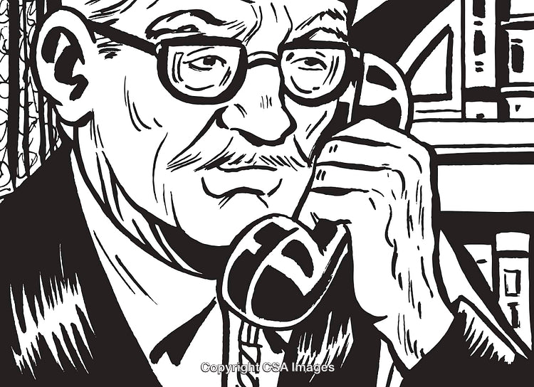 Illustrated Man Talking on Telephone in Vintage Black and White Style