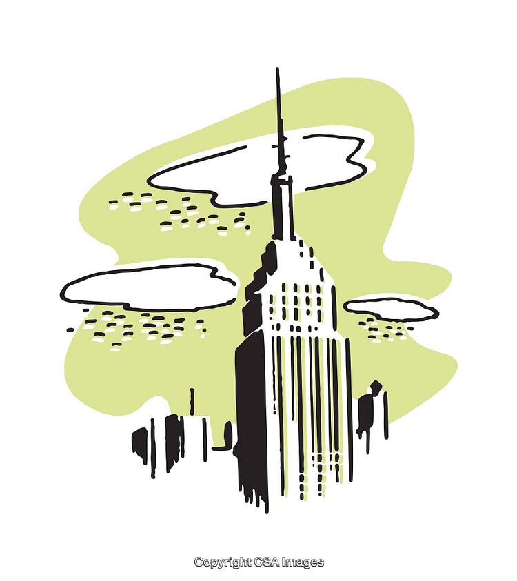Stylized Illustration of a Skyscraper with Clouds and Green Accents