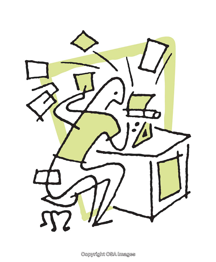 Cartoon Illustration of Overwhelmed Person Working at Desk with Paperwork