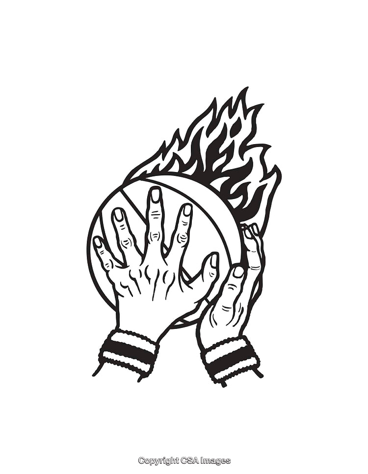 Abstract Black and White Line Art of Flaming Basketball and Hands