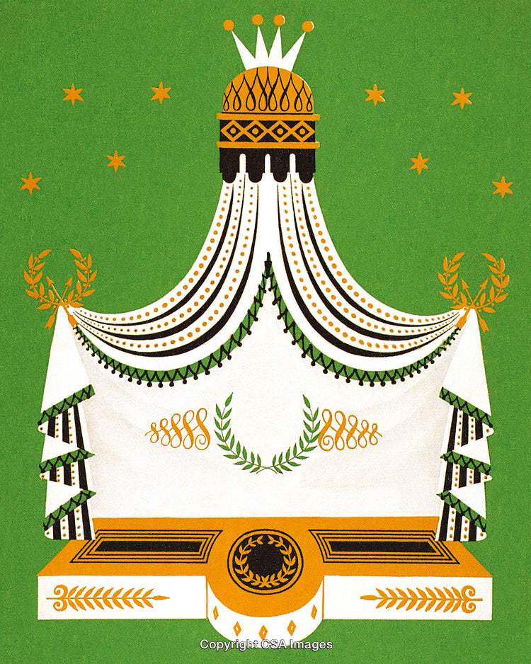 Elegant Regal Throne Illustration with Crown and Olive Wreaths on Green Background