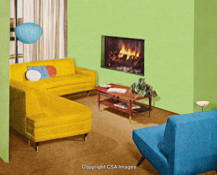 Modern Living Room with Vibrant Colors and Cozy Fireplace Atmosphere