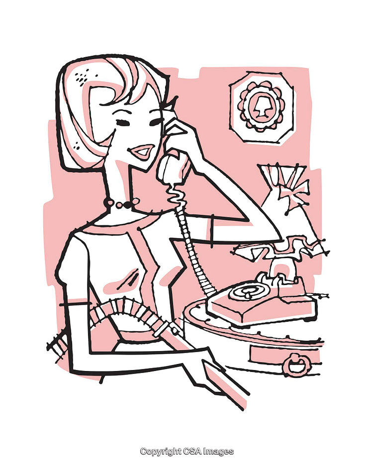 Retro Illustration of a Woman Using a Telephone in a Colorful Setting