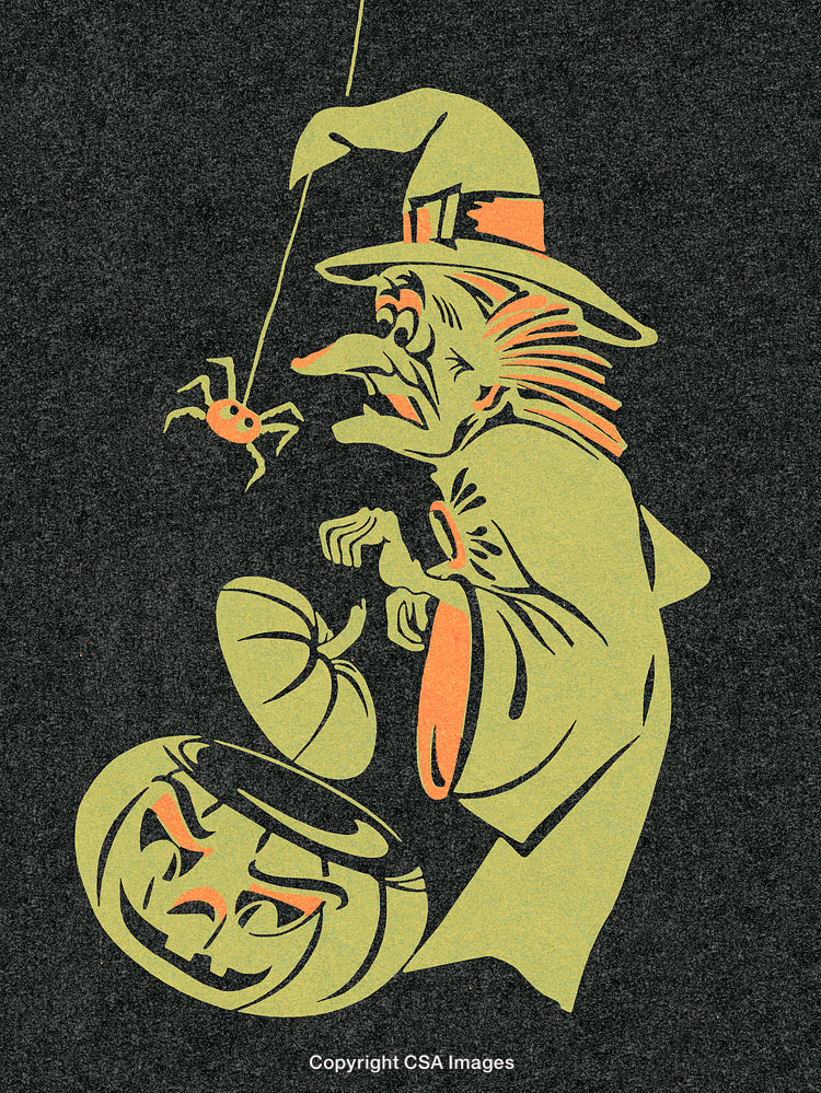 Vintage Halloween Art Depicting A Witch with Jack-O'-Lantern and Spider