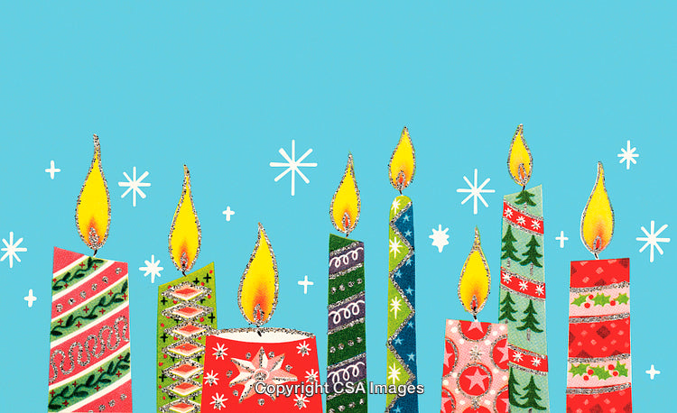 Beautiful Festive Candles with Christmas Patterns on Blue Background