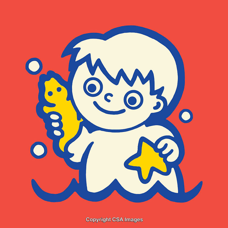 Colorful Illustration of Smiling Child Holding Sea Creatures in Cartoon Style