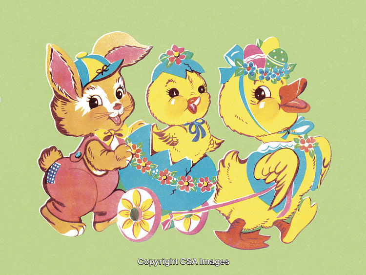 Cute Bunny and Ducks Decorated for Easter on a Green Background