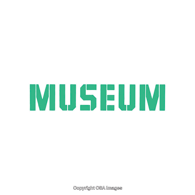 Green Block Stencil Text Design Depicting the Word 'Museum' on White Background