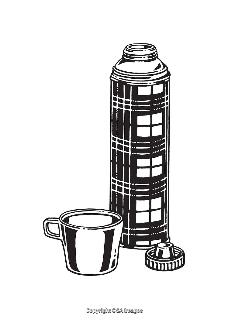 Black and White Line Art of a Thermos and Cup Setup