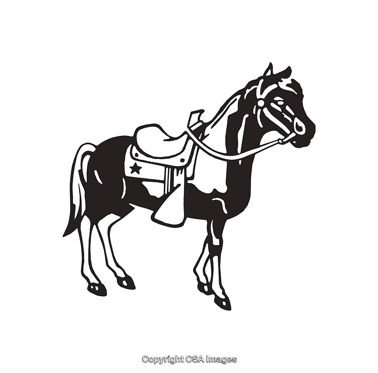 Black and White Illustration of a Horse with Saddle in Profile