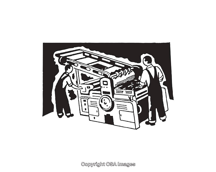 Vintage Illustration of Printing Press Operators in Black and White Line Art