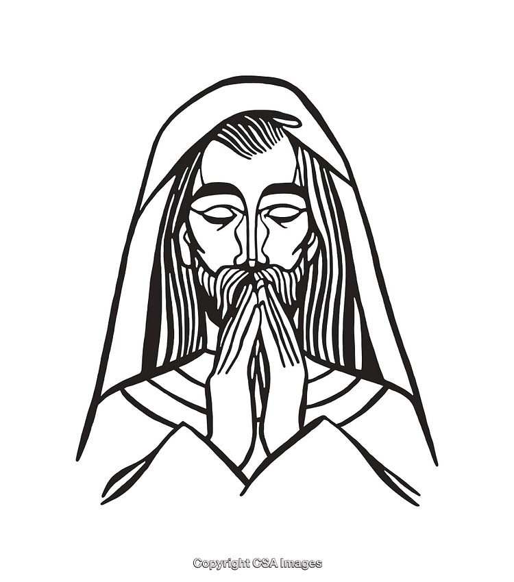 Black and White Line Art Depicting Praying Individual in Meditative Pose