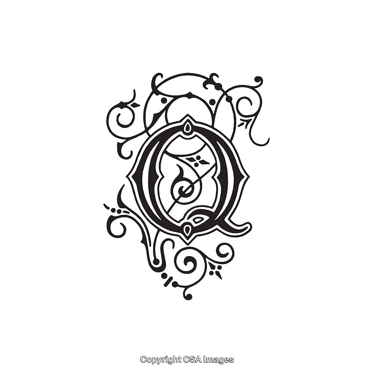 Ornate Calligraphic Letter Q with Decorative Design Elements in Black Ink