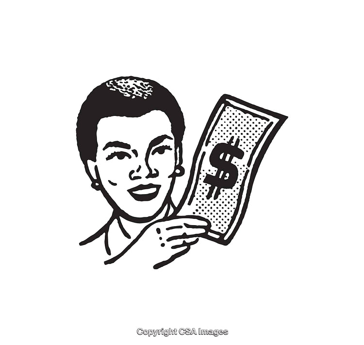 Black And White Illustration of Woman Holding Money with Dollar Symbol