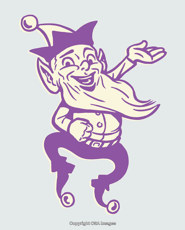 Whimsical Elf Illustration in Purple Tones with Cheerful Expression