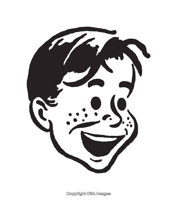 Black And White Illustration of a Cheerful Freckled Boy's Face