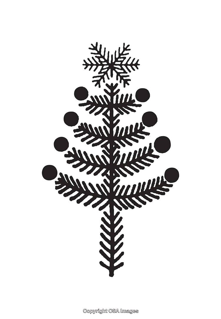 Black and White Line Art Illustration of a Christmas Tree with Ornaments