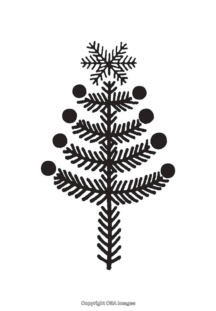 Black and White Line Art Illustration of a Christmas Tree with Ornaments