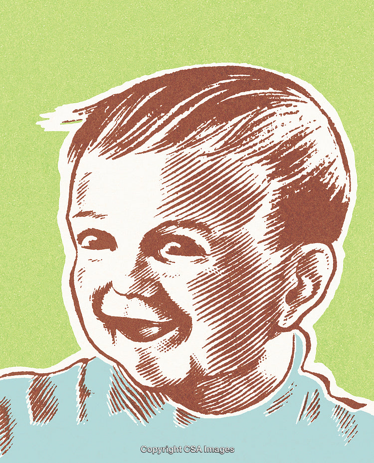 Vintage Line Art Illustration of Laughing Baby with Colorful Background