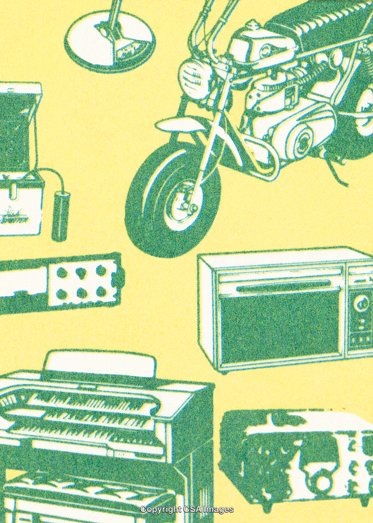 Colorful Retro Electronics and Motorbike Illustrated on Yellow Background