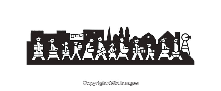 Silhouetted Community Procession Line Art Depicting Day-to-Day Life