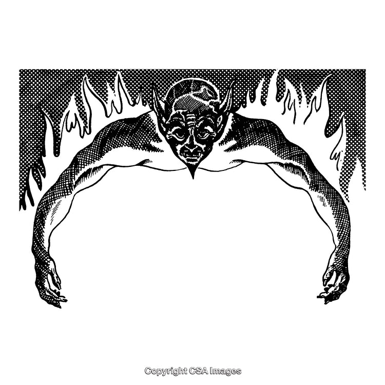 Vintage Black and White Illustration of a Mythical Demon Creature in Flames