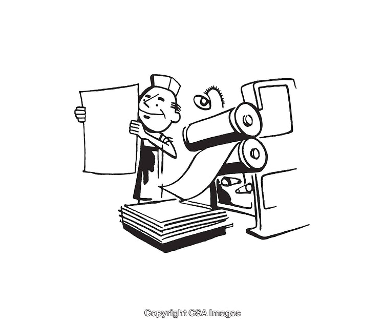 Black and White Illustration of a Printing Worker Operating Machinery