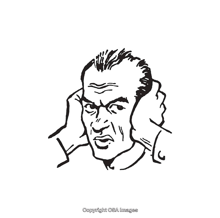 Black and White Line Art Illustration of a Frustrated Man Covering Ears