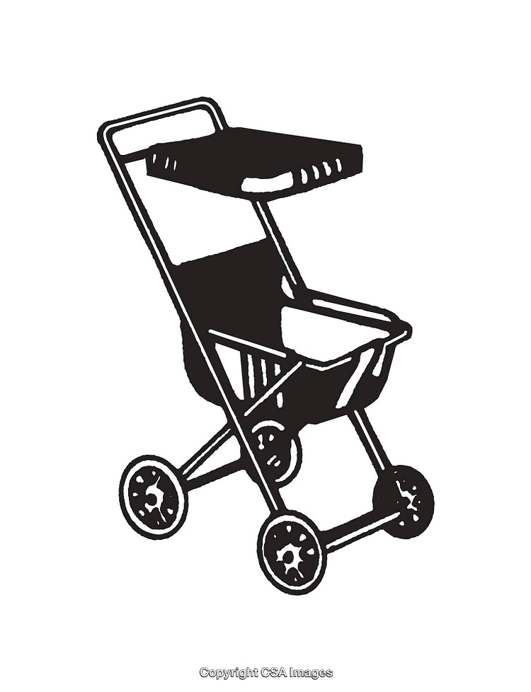Black and White Line Art Illustration of a Baby Stroller Design