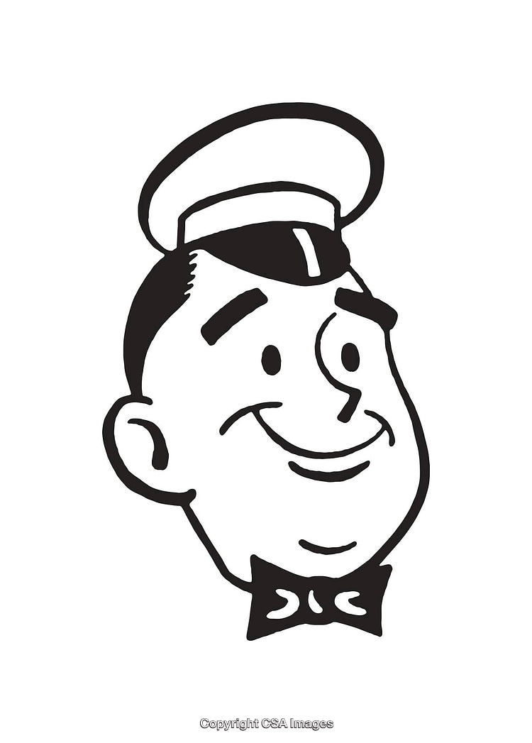 Vintage Style Black and White Cartoon Character with Classic Cap