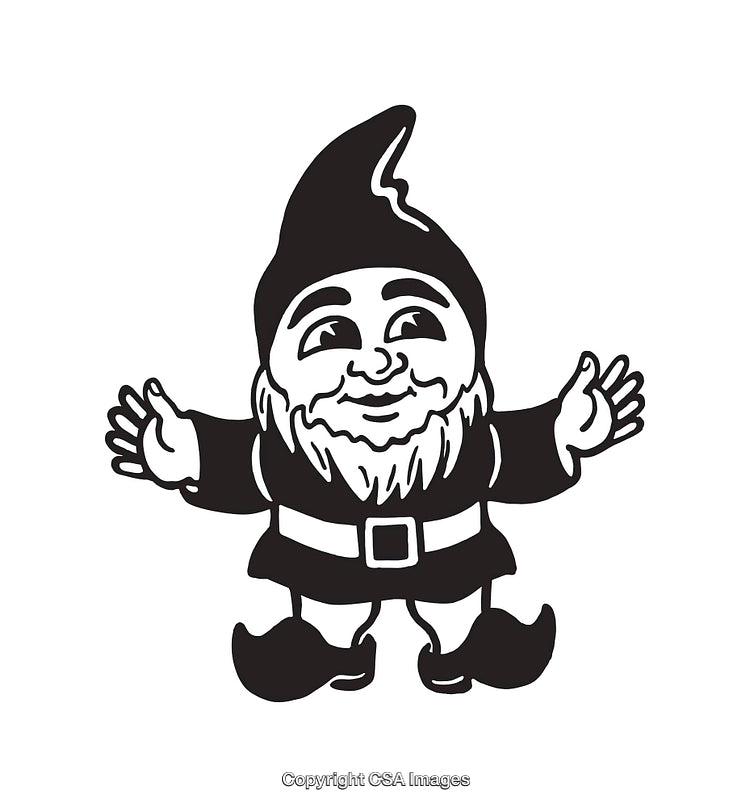 Black and White Line Art of a Cheerful Garden Gnome Illustration