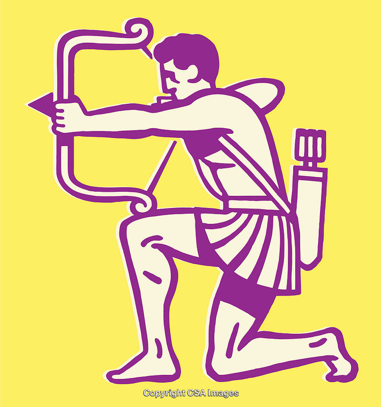 Purple Archer Illustration on Yellow Background Showing Classical Elegance