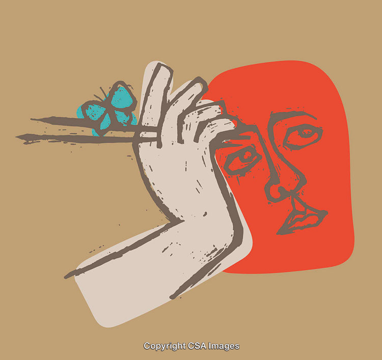 Surreal Line Art Illustration of Face and Butterfly in Earth-Tone Colors