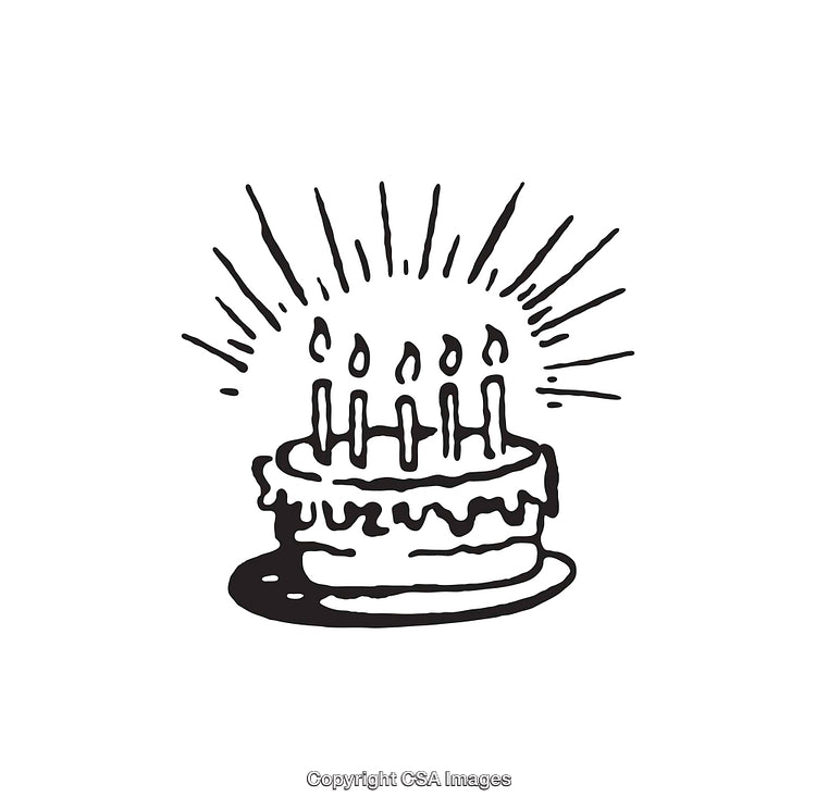 Black and White Line Art of a Birthday Cake with Candles