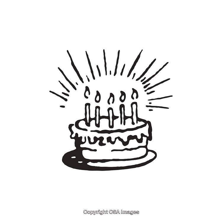 Black and White Line Art of a Birthday Cake with Candles