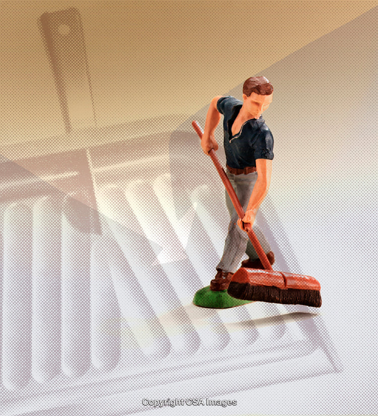 Miniature Man Sweeping on Artistic Grate Background