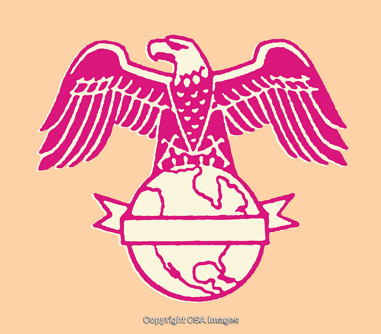 Illustration of Eagle Emblem Over Globe in Pink Silhouette Style