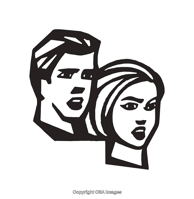 Black and White Line Art Illustration of a Serious Male and Female Duo