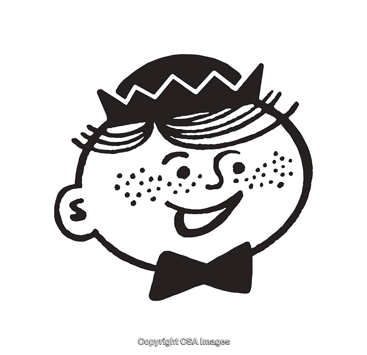 Black And White Illustration of a Happy Cartoon Character with a Bow Tie