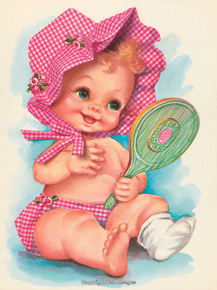Adorable Illustration of a Happy Baby With a Gingham Hat and Mirror