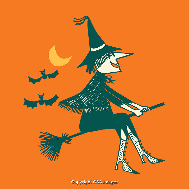 Colorful Illustration of a Flying Witch With Bats and Crescent Moon